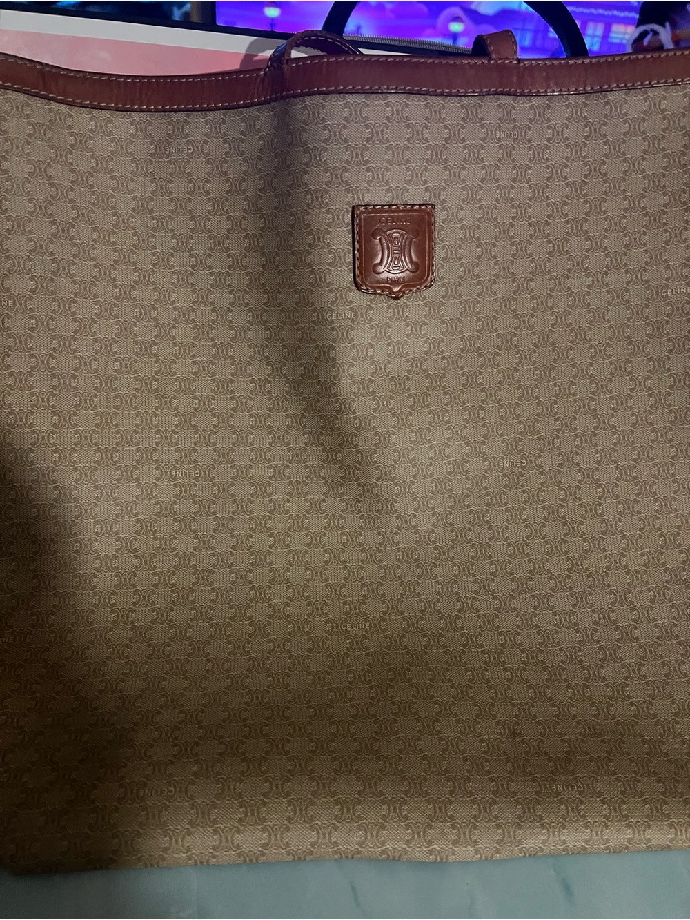 Celine Beige Monogram Tote with Brown Leather Trim